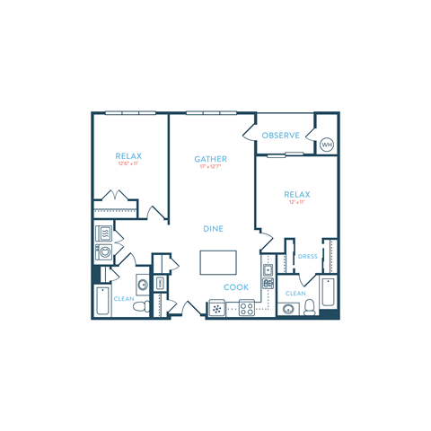 Floor plan for 2 beds, 2 baths, 1144 sqft